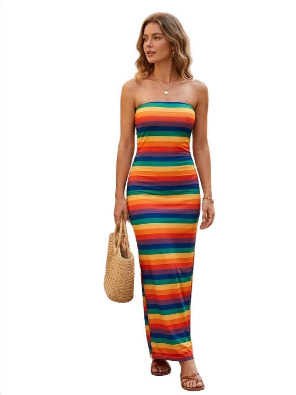 🌈 Rainbow Stripe Maxi Tube Dress XL Strapless Pride Parade Summer Slit Party 🌈